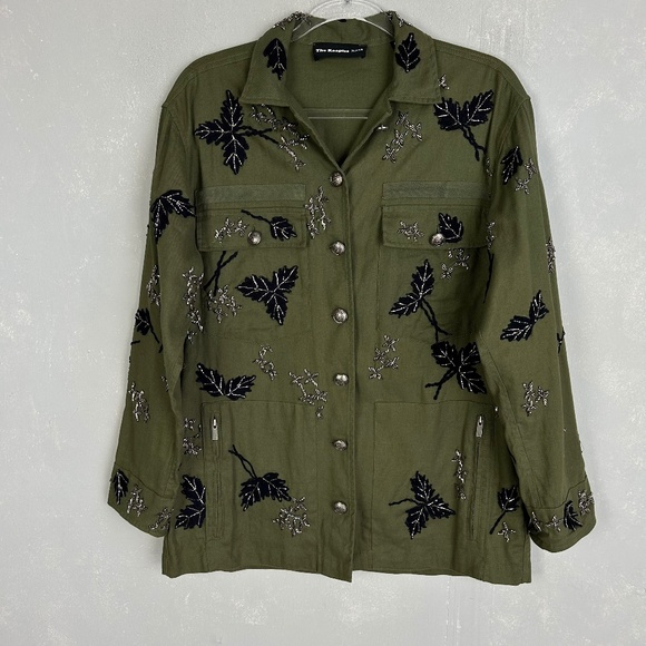 The Kooples women size M leaf embroidered jacket green 100% cotton beaded - Picture 1 of 15